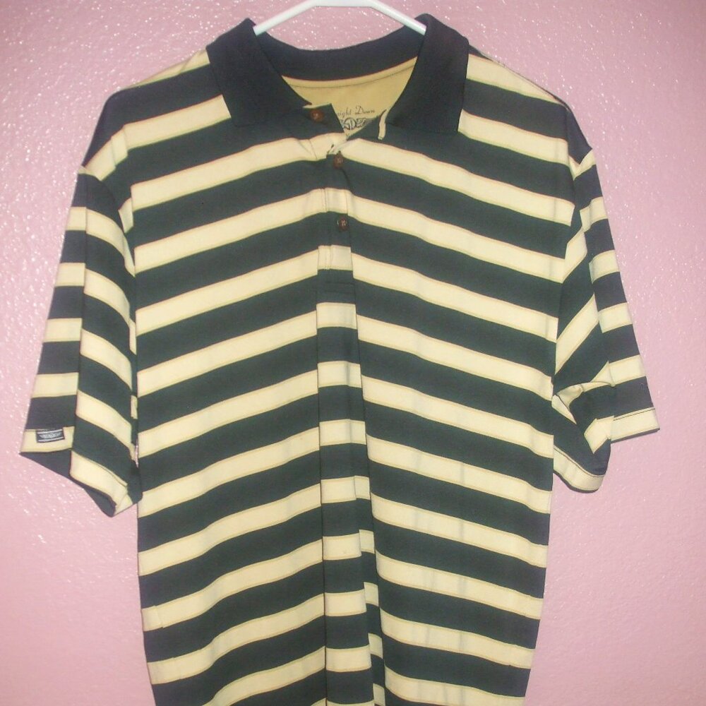 Straight Down Polo Shirt Golf Men’s Size Medium Short Sleeve Tan-Blk Stripe EUC